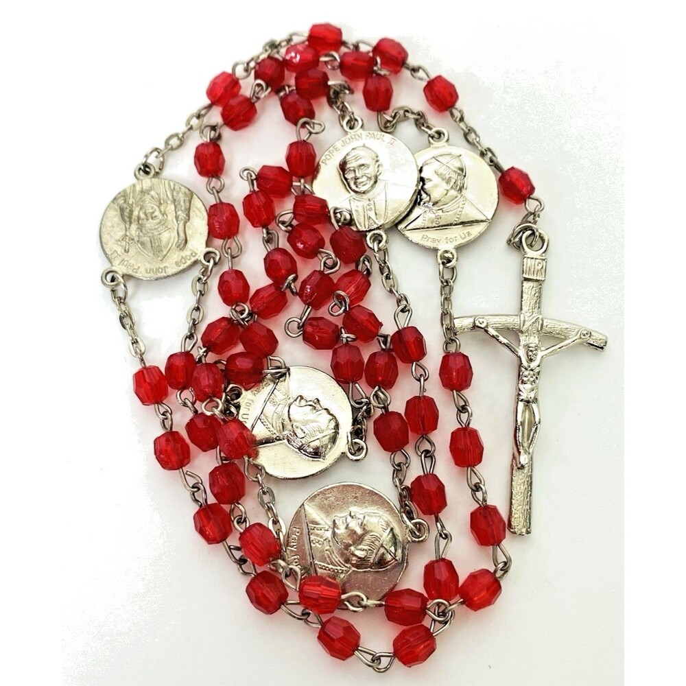 Saint Pope John Paul II Commemorative Red Beads Rosary Decade Medal Religious